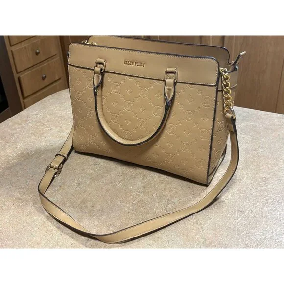 Ellen Tracy Monogram Signature Collection Double Handle Satchel Tan Faux Leather - Picture 2 of 16